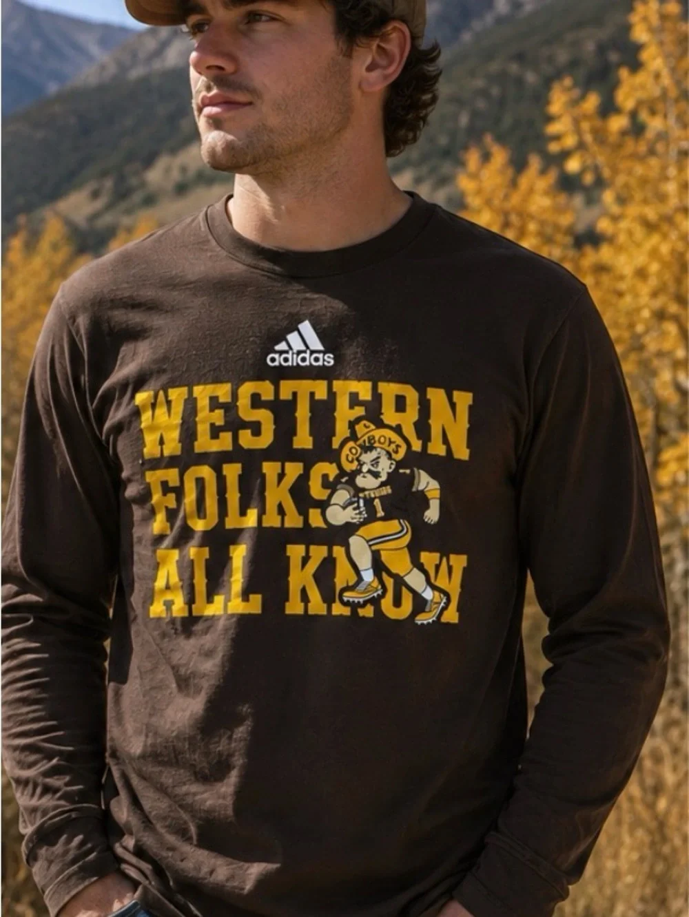 Adidas Wyoming Cowboys Ragtime Cowboy Joe Long Sleeve Graphic Tee Men’s Medium
